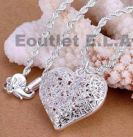 33mm FILIGREE PUFF HEART SILVER NECKLACE-51cm